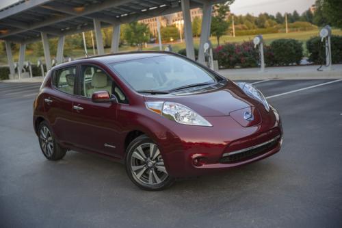 Photo of a 2016-2017 Nissan Leaf in Coulis Red (paint color code NAW)